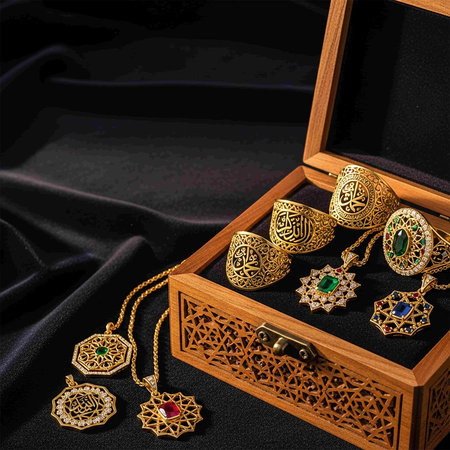 jewelry box with jewelry on black silk background, close upの写真素材