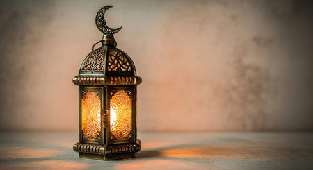 Lantern with burning candle on wooden table.