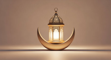 Ramadan Kareem greeting card with golden lantern. 3D renderingの写真素材