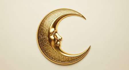 Golden crescent moon on white background. Ramadan Kareem concept.の写真素材
