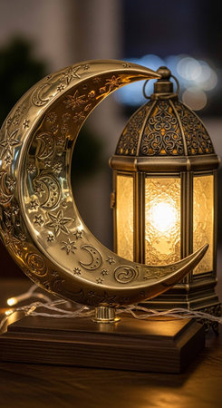 Ramadan Kareem background with crescent moon and lanterns.