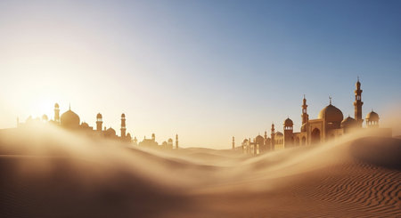 Silhouette of mosque in the middle of the desert at sunsetの写真素材