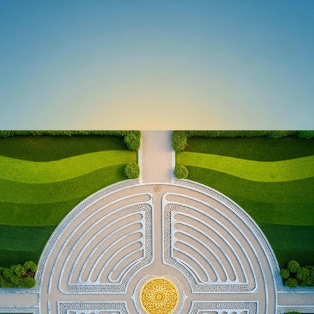 Aerial view of green grass field with round maze and blue skyの写真素材