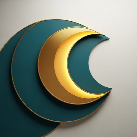 3d rendering of golden and blue crescent moon on white backgroundの写真素材