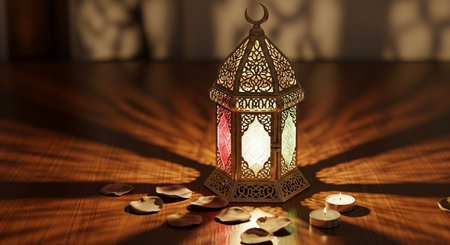 Lantern on the table in a dark room. Ramadan Kareem.
