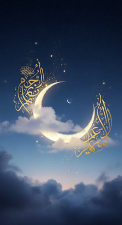 Ramadan Kareem greeting card with crescent moon and starry skyの写真素材