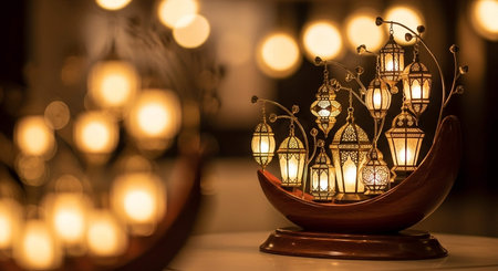 Lanterns in a wooden bowl on a table with a blurred backgroundの写真素材