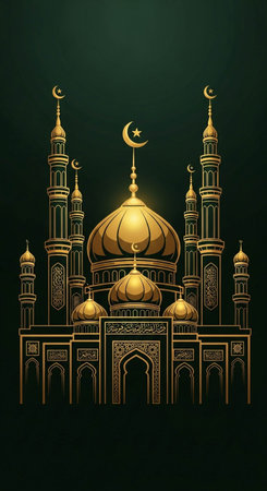 Ramadan Kareem greeting card with mosque and crescent. Vector illustrationの写真素材
