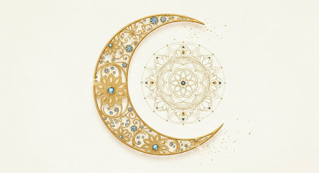Illustration of crescent moon with ornaments on white backgroundの写真素材