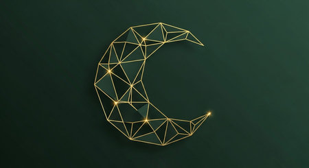 Golden polygonal crescent moon on a dark green background.の写真素材