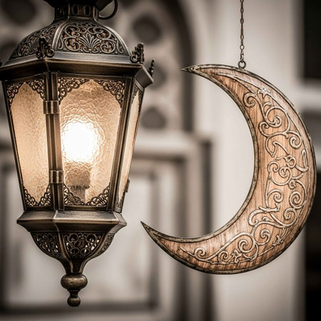 Ramadan Kareem lamp with crescent moon in morocco styleの写真素材