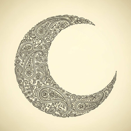 Hand drawn crescent moon on vintage background. Arabic, Indian, Ottoman motifs.の写真素材