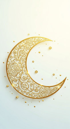 Ramadan Kareem greeting card. Golden crescent moon with ornament on white backgroundの写真素材