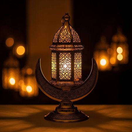 Lantern in the dark. Ramadan Kareem background. Selective focus.