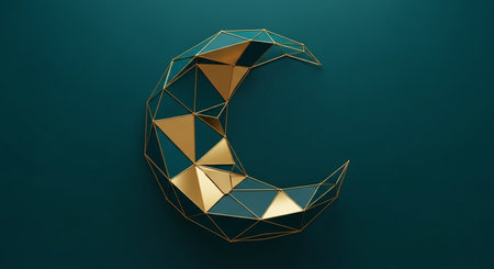 Geometric golden crescent moon on dark green background. 3D renderingの写真素材