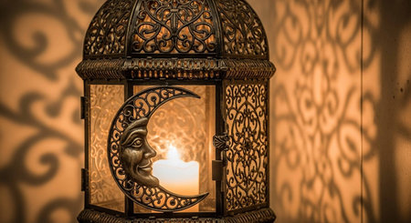 Lantern with candle in a dark room. Vintage style.の写真素材