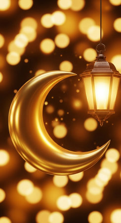 Ramadan Kareem background with crescent moon, lantern and bokeh
