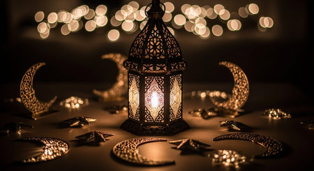 Ramadan Kareem greeting card. Arabic lantern on blurred background with bokeh