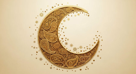 Golden crescent moon with ornament on beige background. Ramadan Kareem.