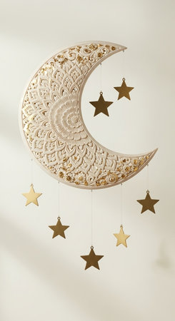 Crescent moon with golden stars hanging on white wall. 3d renderの写真素材