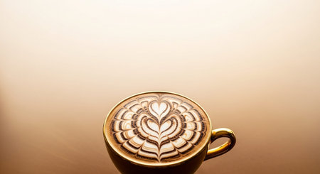 Cup of coffee with latte art on beige background.の写真素材