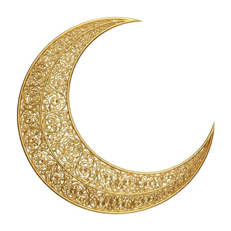 Illustration of golden crescent moon with floral ornament on white backgroundの写真素材