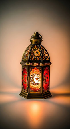 Lantern with burning candle on a dark background.