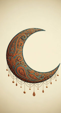 Retro style crescent moon with candlestick on beige backgroundの写真素材