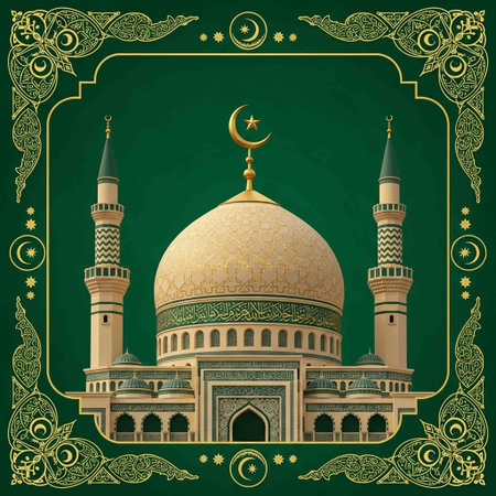Ramadan Kareem greeting card with mosque and crescent on green background