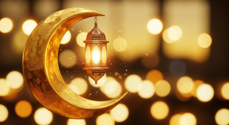 Ramadan Kareem greeting card with golden crescent moon and lanternの写真素材