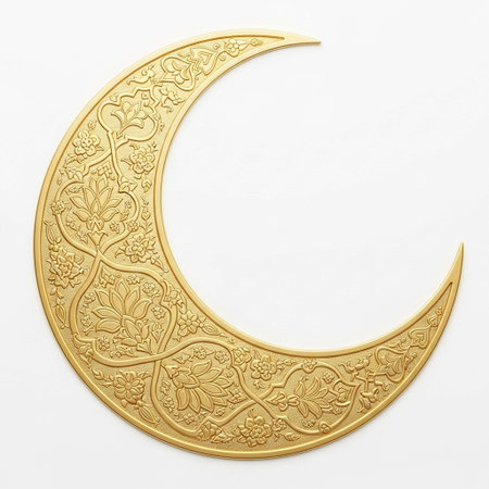 Golden crescent moon with floral ornament on white background. 3D renderingの写真素材