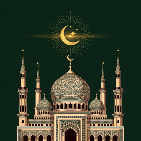 Ramadan Kareem greeting card with mosque and moon. Vector illustration