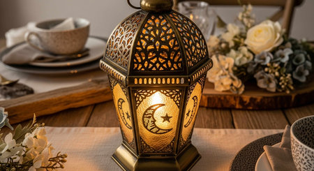Lantern on the table in a cafe. Decorated with flowers.
