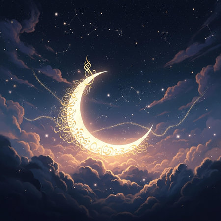 background with crescent moon and starry skyの写真素材