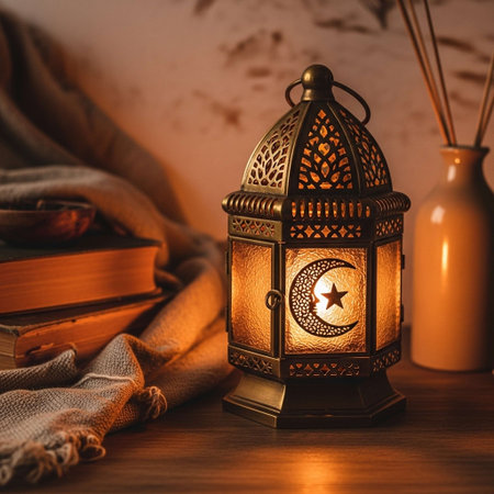 Vintage Arabic lantern and books on wooden table. Ramadan Kareem concept.