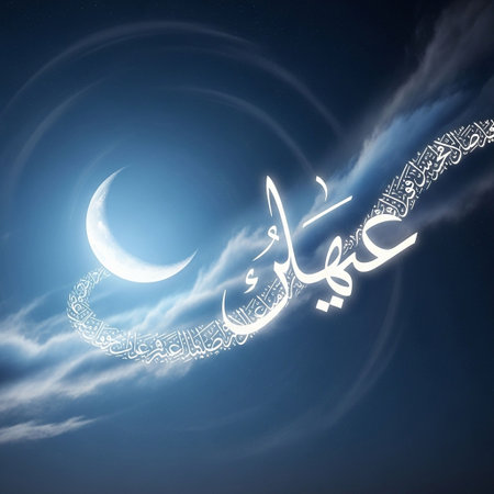 Ramadan Kareem Arabic calligraphy with crescent moon and cloudsの写真素材