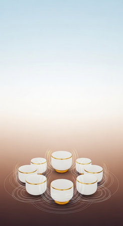Coffee cups and saucers on a colored background.の写真素材