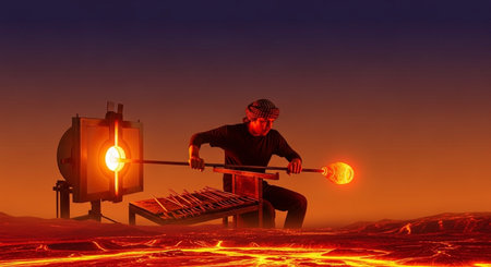 Flaming furnace and flute in the fire, 3d illustration