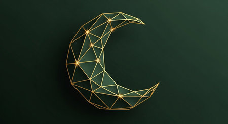 Golden 3d crescent moon in low poly style on green backgroundの写真素材