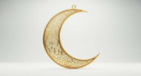 Golden crescent moon on white background. Ramadan Kareem concept.の写真素材