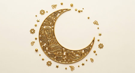 Golden crescent moon with gold stars on white background. Ramadan Kareem concept.