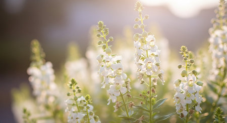 Beautiful white salvia officinalis flowers in the garden.の写真素材