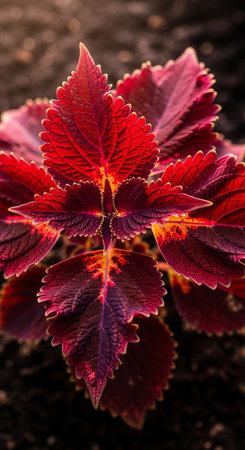 Close up of red coleus plant growing in the garden.の写真素材