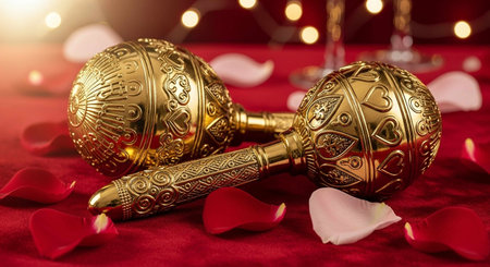 Maracas and rose petals on a red background with lights.