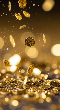 Golden glitter confetti on bokeh background. Christmas, New Year concept.の写真素材