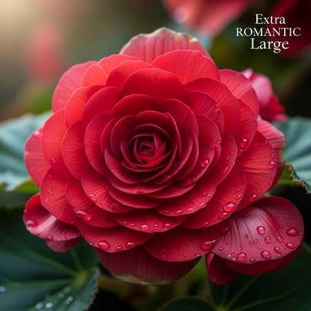 Beautiful red begonia flower with water drops on petals.の素材