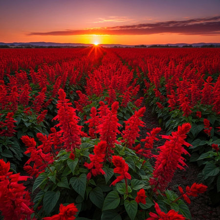 Red salvia flowers on the field at sunset, Salvia splendensの素材