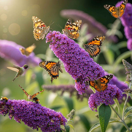 Butterflies on Buddleja davidii or butterfly bush in summer gardenの素材
