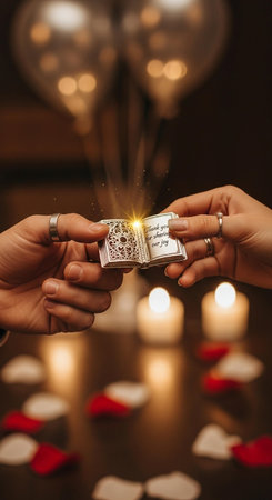 Close up of couple hands holding wedding rings with candles in the backgroundの素材