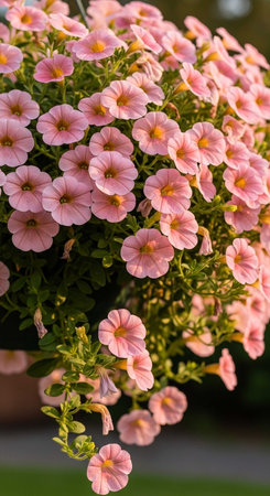 Beautiful pink petunia flowers with green leaves in a pot.の素材